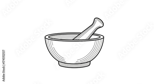 Vintage mortar and pestle illustration ready for medicinal herb preparation or culinary grinding in a clean, classic style