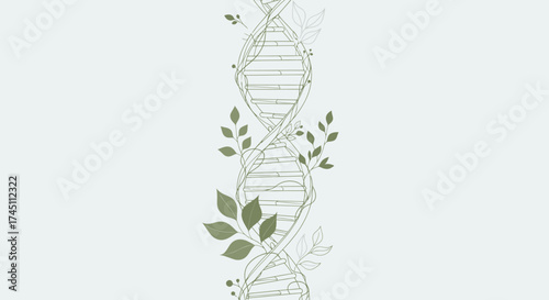 Elegant minimalist DNA art with green foliage accents for science, nature or wellness branding; perfect for health, biology, or eco-friendly concepts