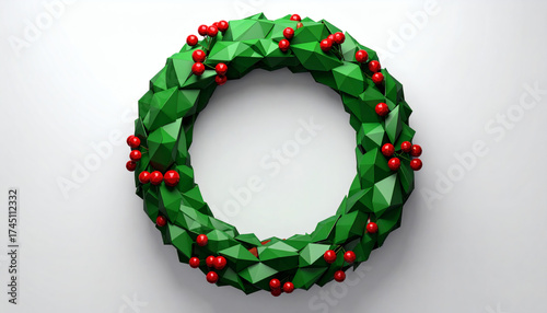 Low-poly Christmas wreath with faceted green leaves and red polygon berries on a white background showcasing geometric holiday decoration, modern 3D festive illustration, and minimalist digital art st