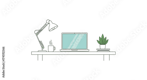 Modern minimalist desk setup with laptop, lamp, coffee, and plant for focused work, perfect for showcasing productivity and a clean workspace aesthetic