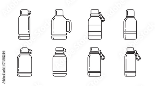 Collection of various thermos flasks and water bottles simple line art icons set vector