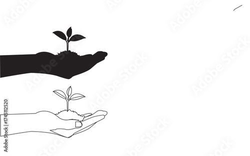 Illustration of human hand with ground and growing plant with green leaves design element for logo label sign poster card banner vector illustrationleaf, care, growth, illustration, isolated, design, 