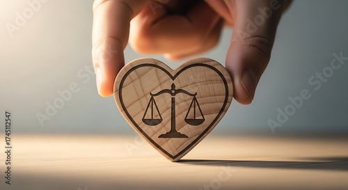 Hand holding wooden heart with justice scale symbol, fair law concept