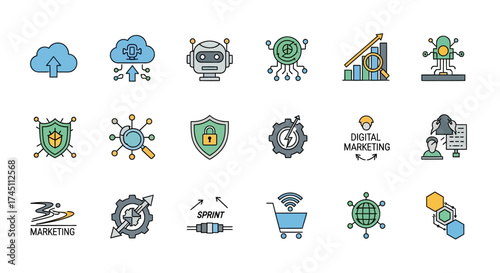 Modern digital marketing strategy elements for business success, data protection, automation, and secure cloud services in a tech driven world