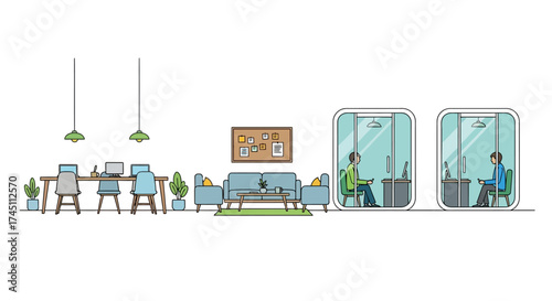 Boost productivity with this modern coworking space featuring private phone booths and collaborative desks, perfect for remote work and business solutions
