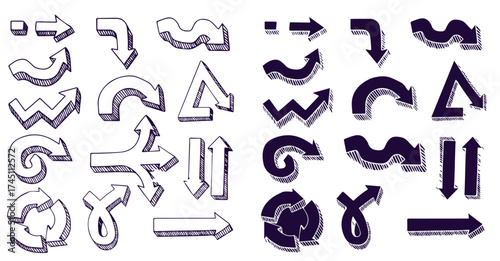 Isolated vector hand drawn doodle volume arrows set on a white