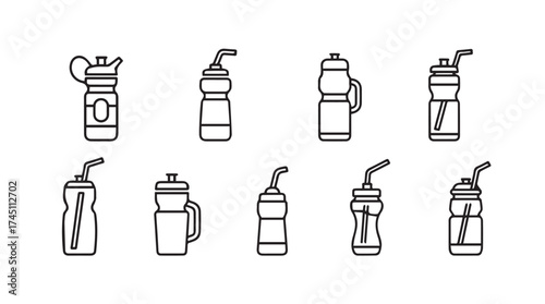 Collection of various reusable water bottles with straws and lids simple line art icons for fitness and hydration vector