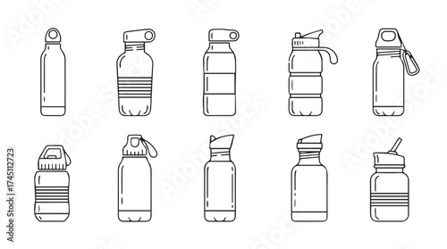 Collection of assorted reusable water bottles various designs and caps isolated on white vector