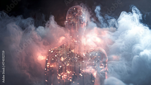 surreal composition showing a transparent human figure with glowing circuits inside, surrounded by abstract smoke and soft lights, blending technology with emotion
