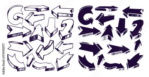 Isolated vector hand drawn doodle volume arrows set on a white