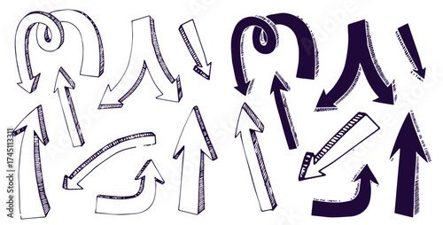 Isolated vector hand drawn doodle volume arrows set on a white