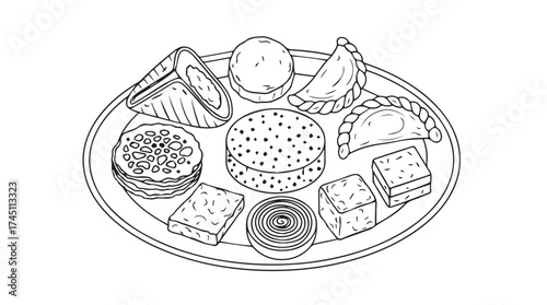 Assortment of savory indian snacks arranged artistically on a round plate hand drawn sketch vector