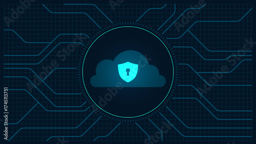 Digital illustration of a secure cloud network with a glowing shield and keyhole icon, representing data protection, cybersecurity, and secure technology.