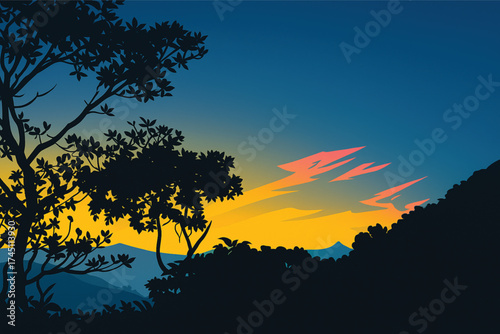 Dramatic Jungle Sunset Landscape: Bold Vector Art Silhouette of Tropical Trees and Mountain Hills at Dusk. Adobe Illustrator Artwork