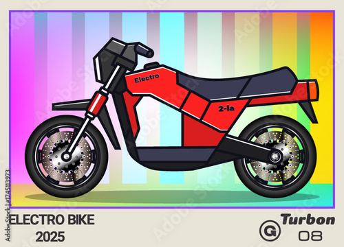 Vector collectible card, calendar or insert. Cartoon red electro bike. Fast motorcycle. Toon city transport. Violet frame. Number 8