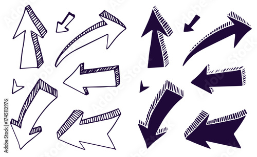 Isolated vector hand drawn doodle volume arrows set on a white