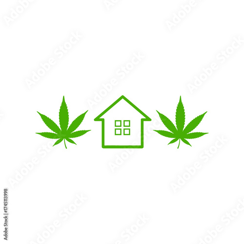 A green house with windows flanked by green marijuana leaves on a white background