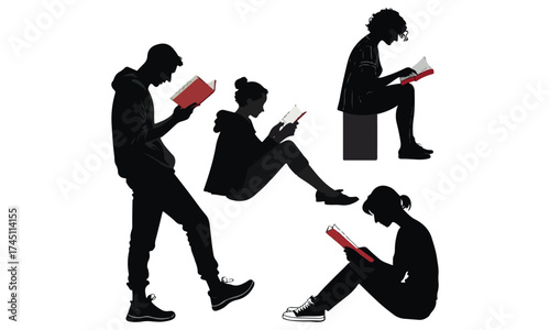 Reading Silhouette Vector Set | People Reading Books Clipart Collection