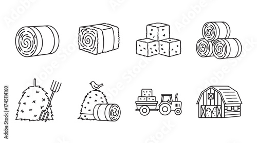Farm harvest hay bales tractor barn rural agriculture icons set hand drawn sketch style vector