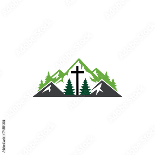 A mountain scene with a central cross, trees, and peaks