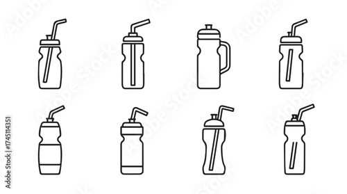 Collection of eight hand drawn sports water bottle icons with straws and lids for hydration vector