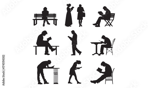 Reading Silhouette Vector Set | People Reading Books Clipart Collection