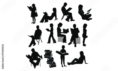 Reading Silhouette Vector Set | People Reading Books Clipart Collection