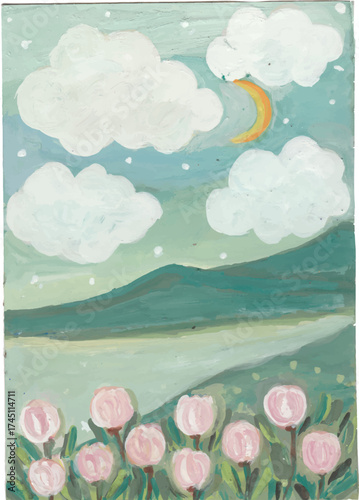 Dreamy Night Scene with Clouds, Moon, and Flowers