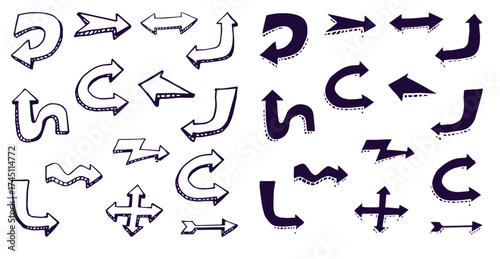 Isolated vector hand drawn doodle volume arrows set on a white