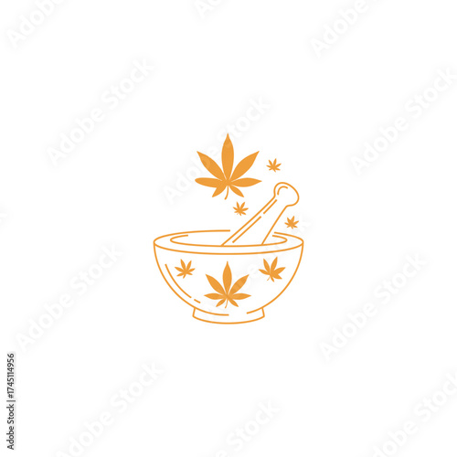 An orange illustration on white of a bowl with a pestle and cannabis leaves