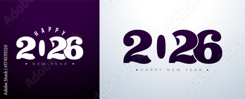 Happy New Year 2026 Logo Typography Design with Abstract Number on White and Black Background. Christmas Holiday Greeting Card Illustration with Typography Lettering for Calendar, Flyer, Banner