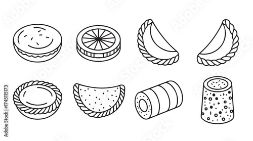 Hand drawn assortment of delicious empanada and pastry food items collection vector