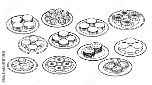 Collection of hand drawn appetizers and small desserts arranged on plates for a festive spread vector