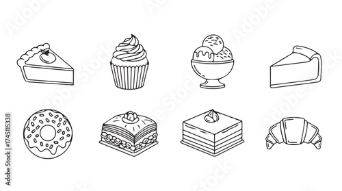 Hand drawn desserts collection featuring cakes pies pastries and ice cream for sweet treats vector
