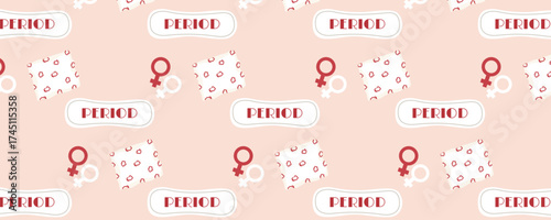 Seamless pattern of sanitary pads. Women’s period and menstruation theme. Female reproductive health and gynecology concept