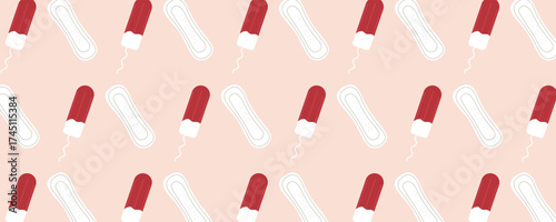 Seamless pattern featuring sanitary pads and tampons. Women’s period, menstruation, and reproductive health theme