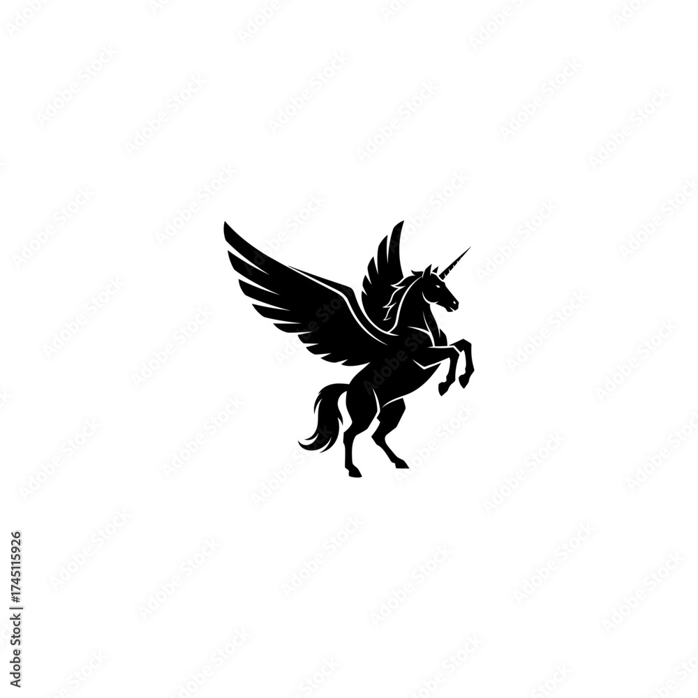 Fototapeta premium A black silhouette of a unicorn with large wings, rearing up on its hind legs