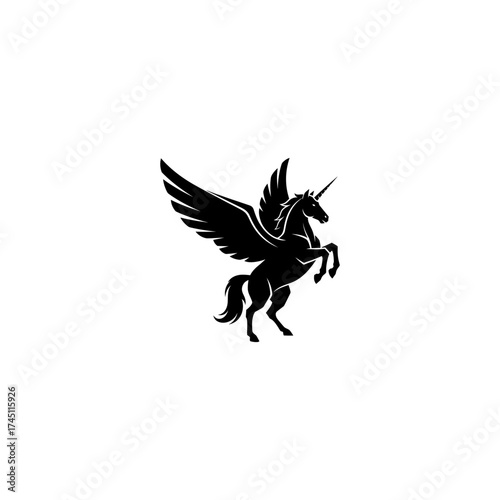 A black silhouette of a unicorn with large wings, rearing up on its hind legs