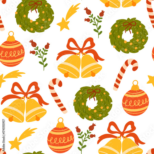 Christmas seamless crayon pattern. Festive elements made in chalk, bells, Christmas toys, wreath, stars. Hand drawn kids drawings for prints. Vector wallpaper design for fabric, wrapping paper