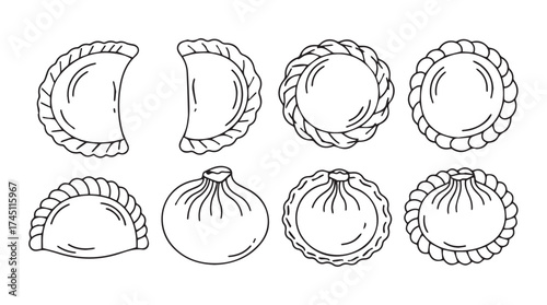 Collection of hand-drawn dumplings and empanadas showing different shapes and culinary styles vector