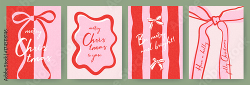 Set of Merry Christmas greeting cards. Trendy retro Christmas design with hand drawn frame, bows, stripes and Christmas wishes with trendy typography. Christmas art banner, poster, cover templates.