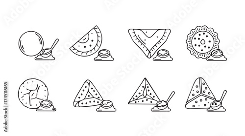 Hand drawn food icons featuring pastries pies savory pies and sweet treats sketches vector