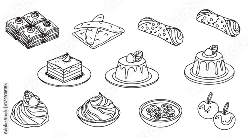 Artistic hand drawn sketch collection of various sweet desserts and pastries delicious treats vector