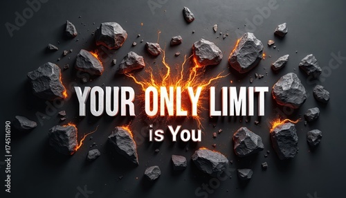 Inspirational message on dark background with rocks. Motivational quote YOUR ONLY LIMIT is You in white text. Rocks with glowing orange lava cracks around text. Symbol of self belief and empowerment.