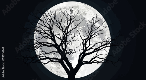 A stark silhouette of a bare tree against a bright, full moon in a dark night sky.