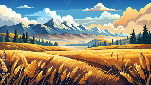 Beautiful wheat meadow under white clouds and mountain shadows, peaceful vector scenery blending nature’s softness, golden tones, and endless sense of calm horizon.