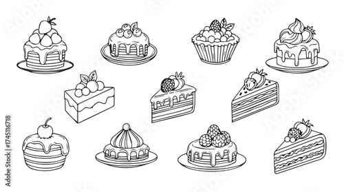 Hand drawn bakery treats collection delicious desserts isolated sweet food pastries cupcakes cakes slices for design vector