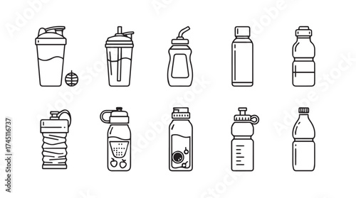 Collection of hand drawn fitness shaker bottles and water containers for healthy lifestyle vector