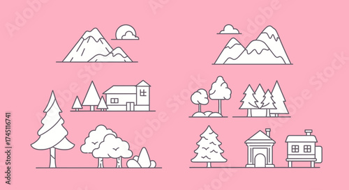 Line art illustration of various landscape elements: mountains, trees, houses, and a train, arranged in separate groupings.
