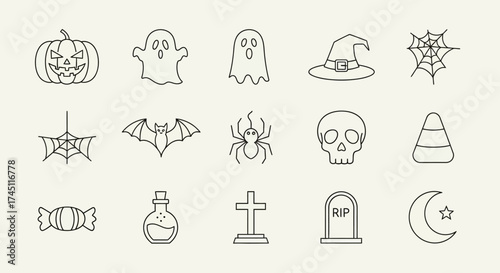 Collection of Halloween-themed line art icons, perfect for spooky holiday designs.